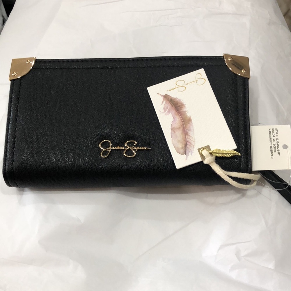 Jessica Simpson roxette bifold‎ black meteorite gold edge bifold wallet wristlet
